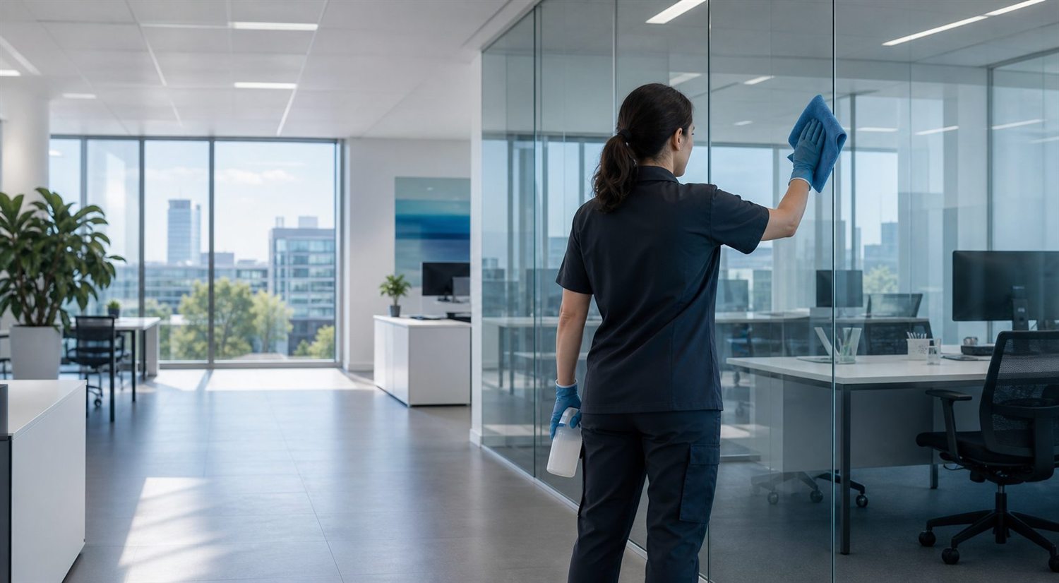 Professionelle Büroreinigung in einer modernen Bürofläche in Düsseldorf