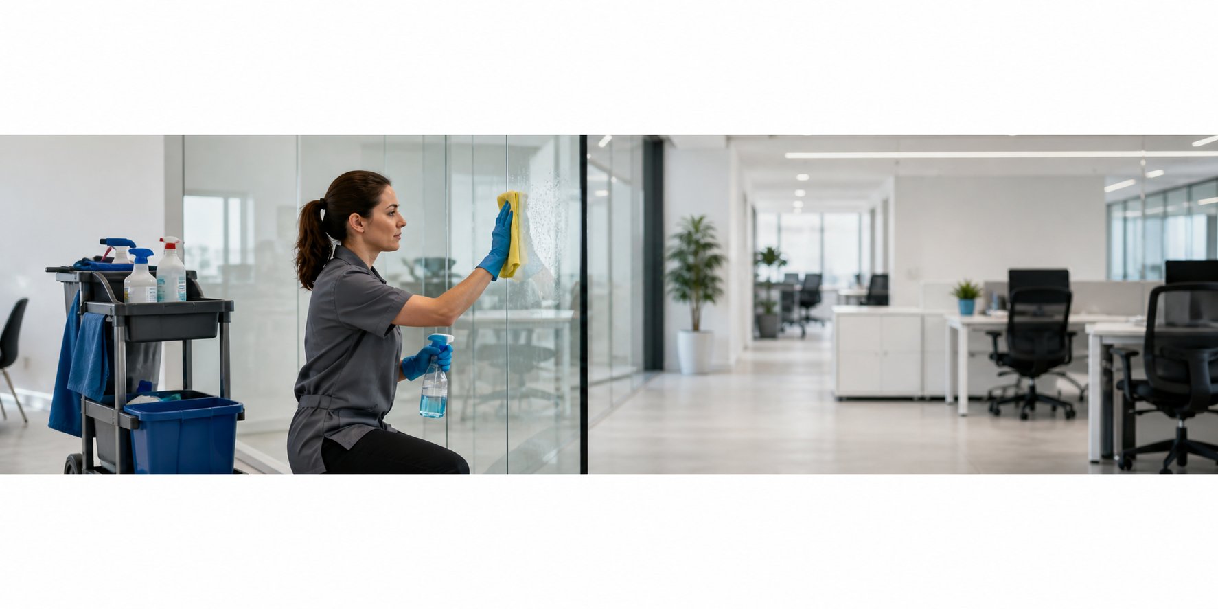 Professionelle Reinigungskraft bei der Glasreinigung in einem Büro in Düsseldorf